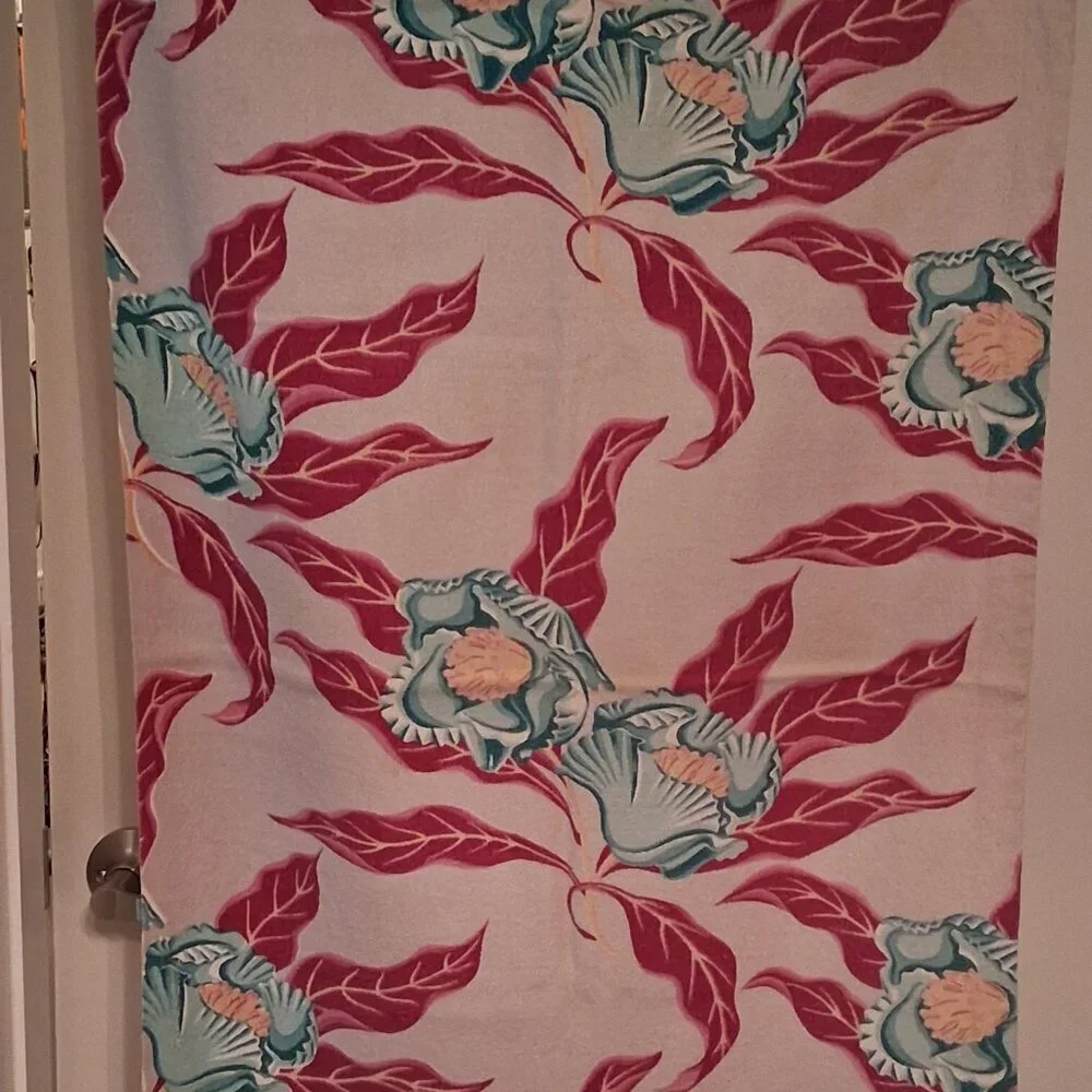 🔥 Atomic‑Era Vintage Barkcloth Panel • Bold Teal Floral + Red Leaves • 23x62